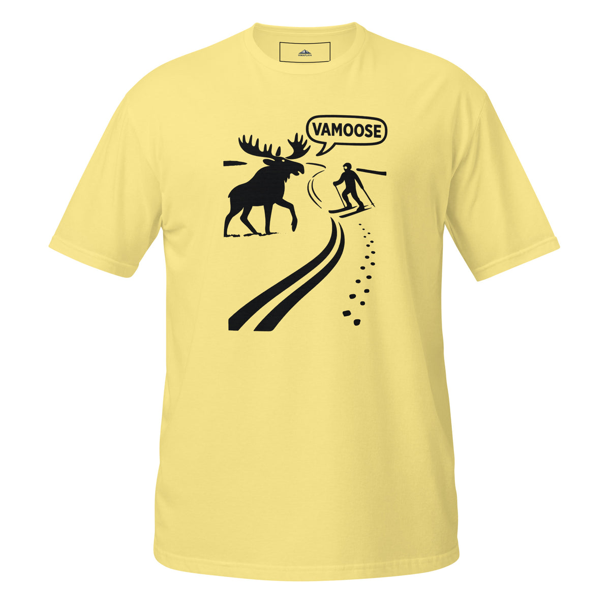 Yellow t-shirt with black graphic of a moose and skier, and 'VAMOOSE' text on a white background.