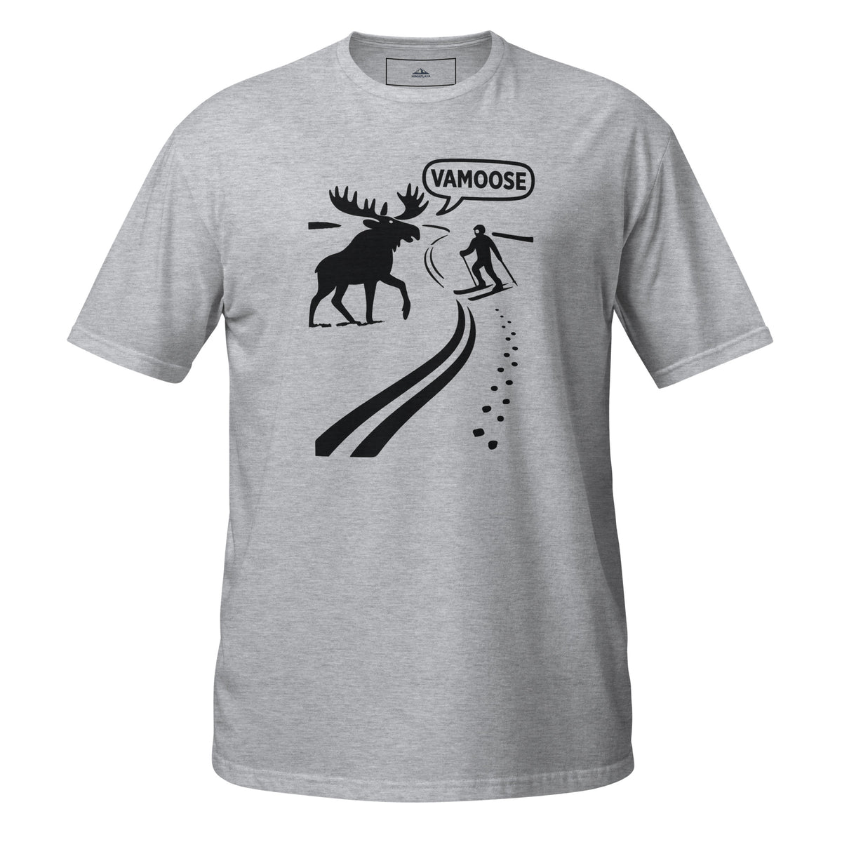 Gray t-shirt with a graphic of a moose and skier, and 'Vamoose' text on a white background.