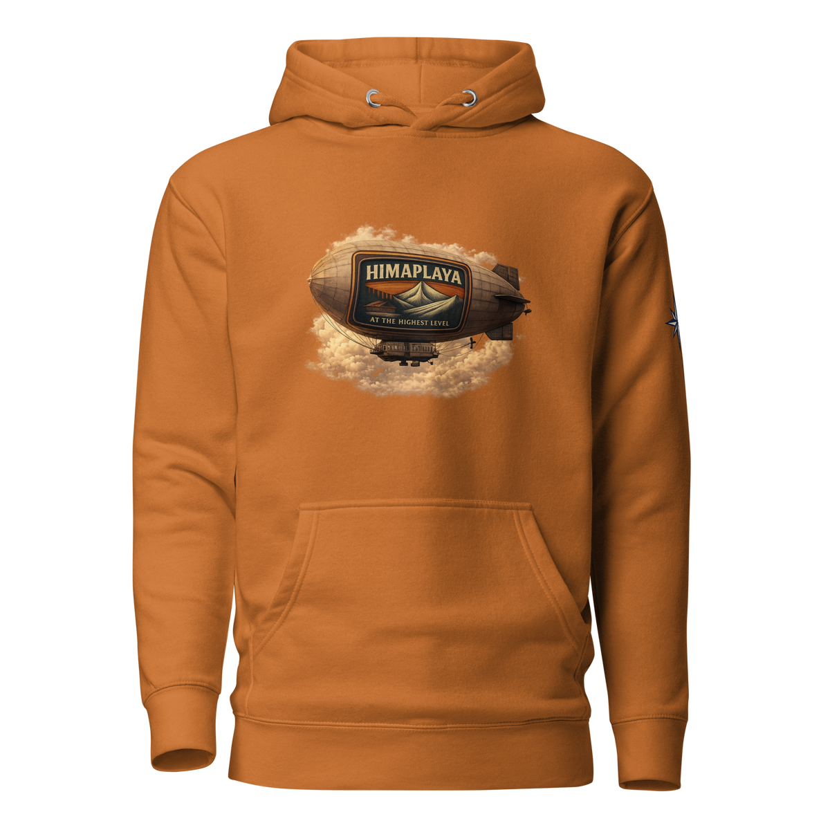 Orange hoodie with a HIMAPLAYA logo on the chest