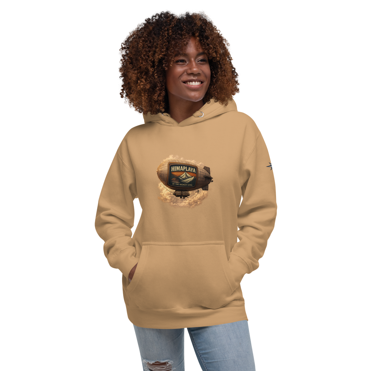 Woman wearing a beige hoodie with a HIMAPLAYA logo on the chest 