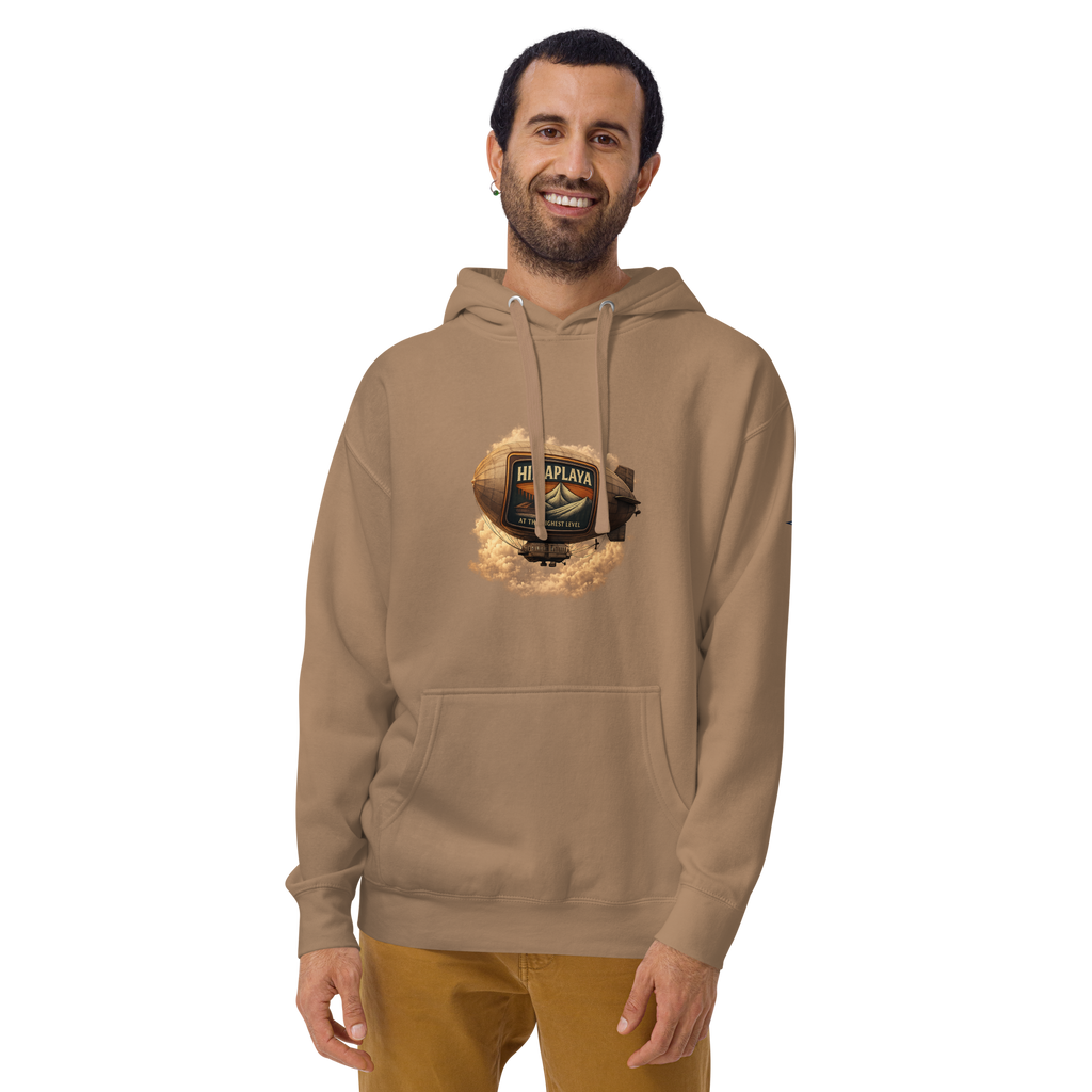 Man wearing a brown hoodie with a HIMAPLAYA logo on the chest 