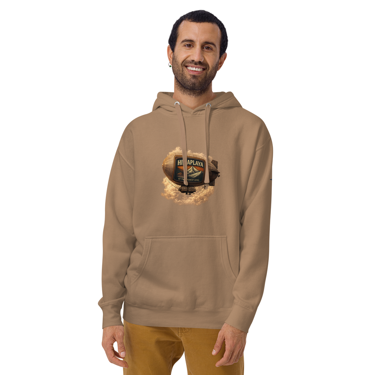 Man wearing a brown hoodie with a HIMAPLAYA logo on the chest 