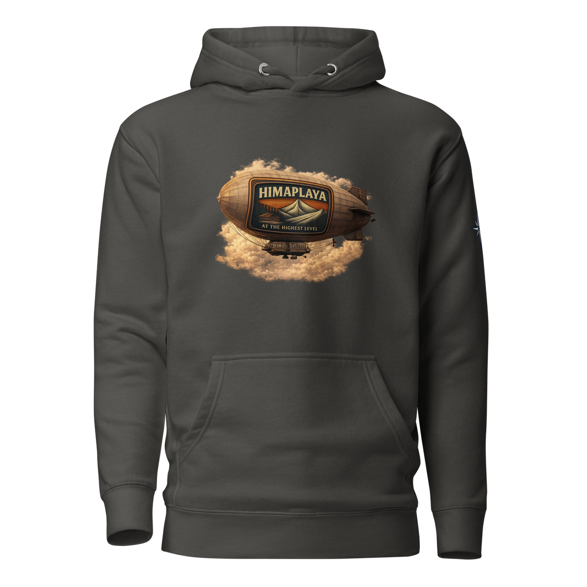 Charcoal gray hoodie with a HIMAPLAYA logo on 