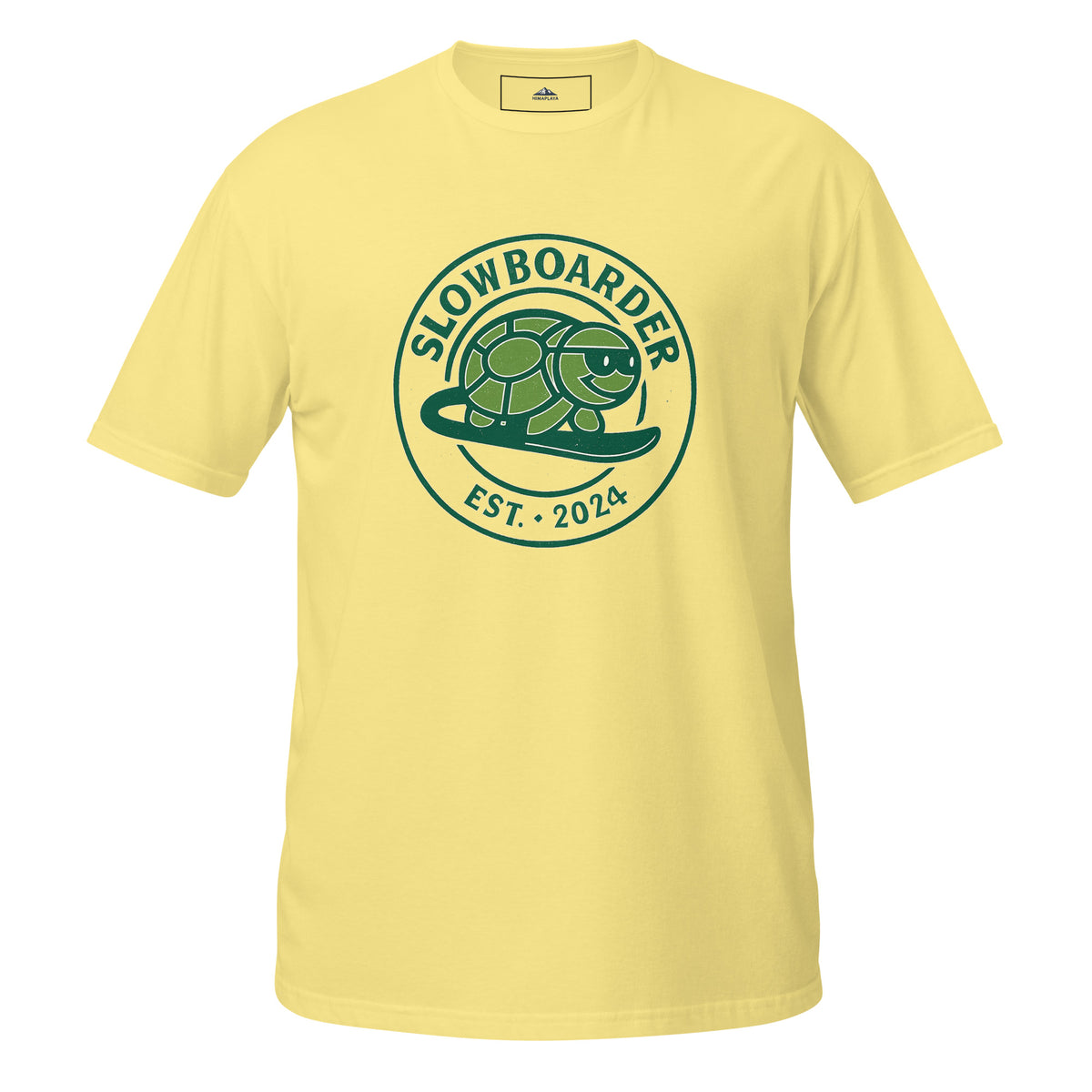 Yellow t-shirt with green graphic and text on a white background