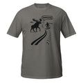 Charcoal t-shirt with black graphic design featuring a moose and skier, and the word 'VAMOOSE'.