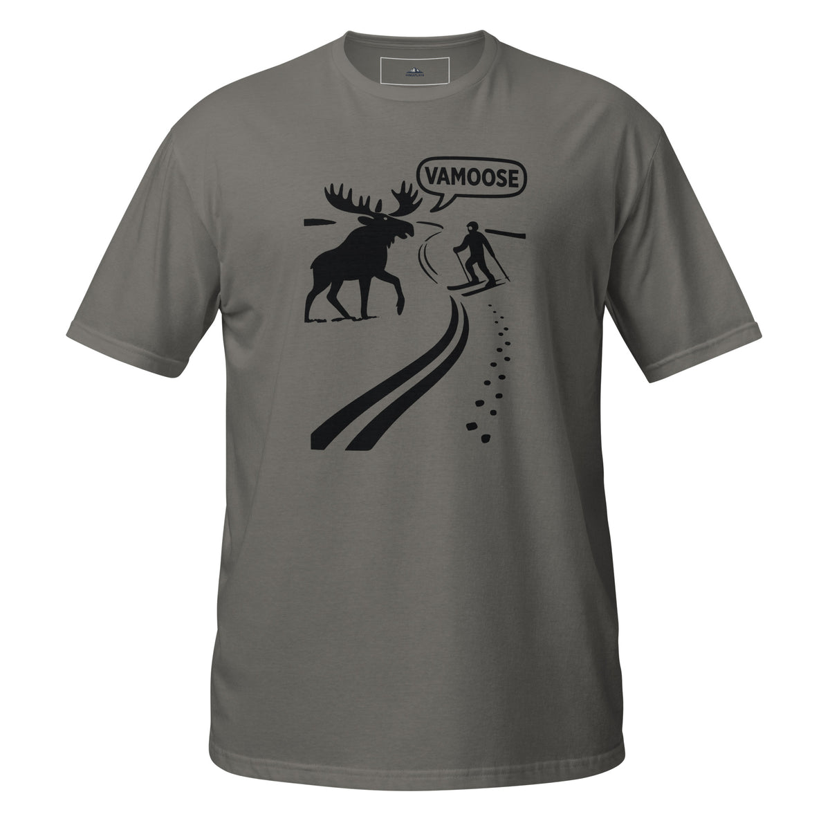 Charcoal t-shirt with black graphic design featuring a moose and skier, and the word 'VAMOOSE'.