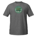 Gray t-shirt with colorful graphic and text on a white background