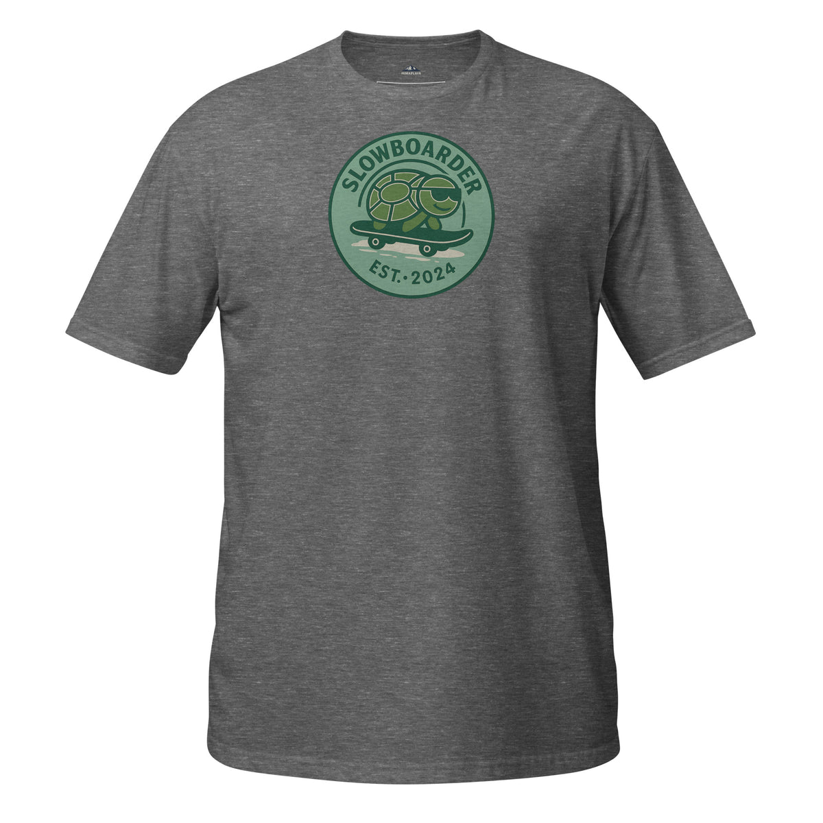 Gray t-shirt with colorful graphic and text on a white background
