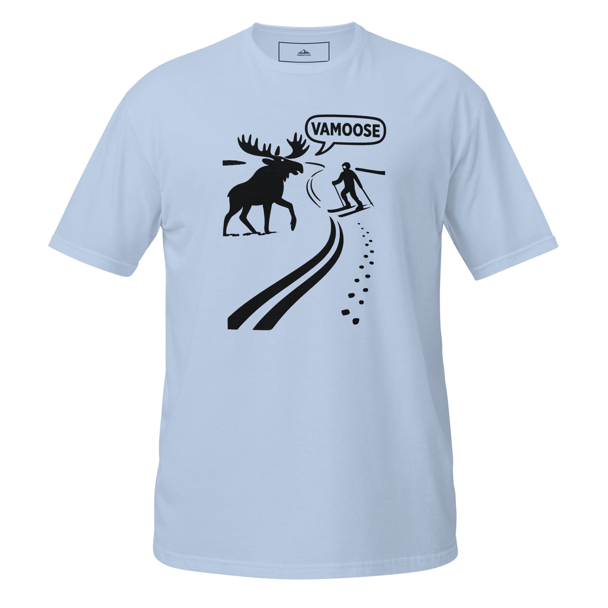 Light blue t-shirt with black graphic of a moose and skier, and 'VAMOOSE' text on a white background.