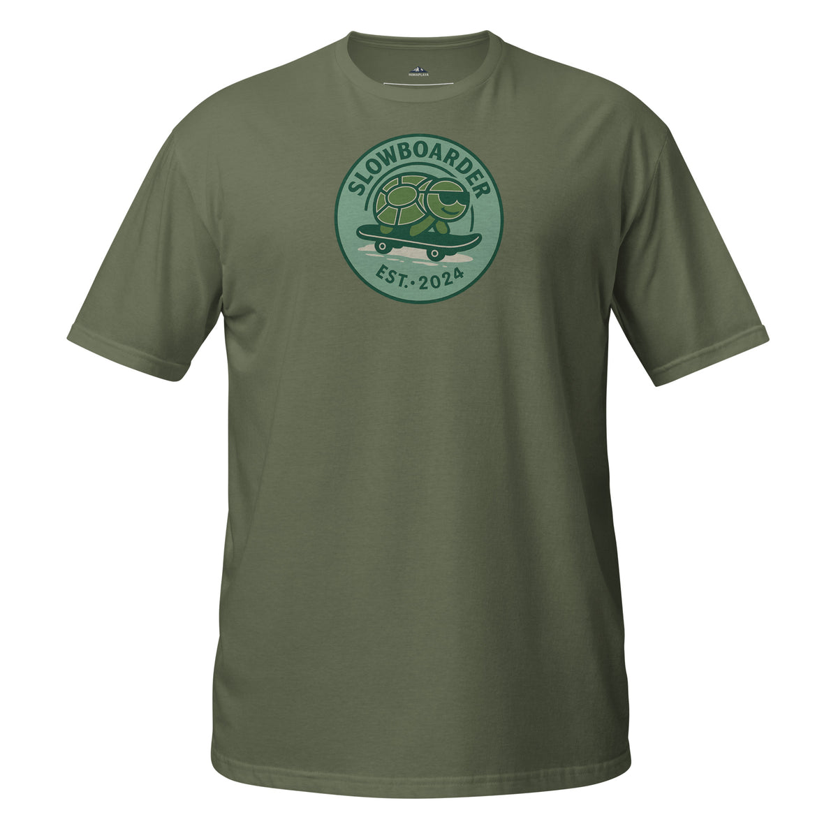 Green t-shirt with 'SLOWBOARDER' logo on a white background