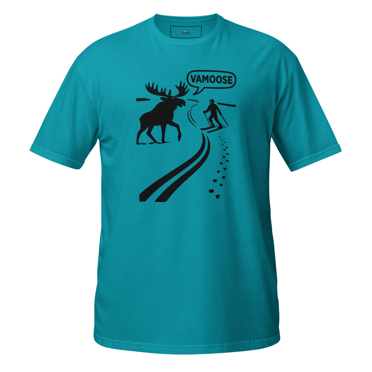 Teal t-shirt with black graphic design of a moose and skier, and 'VAMOOSE' text.