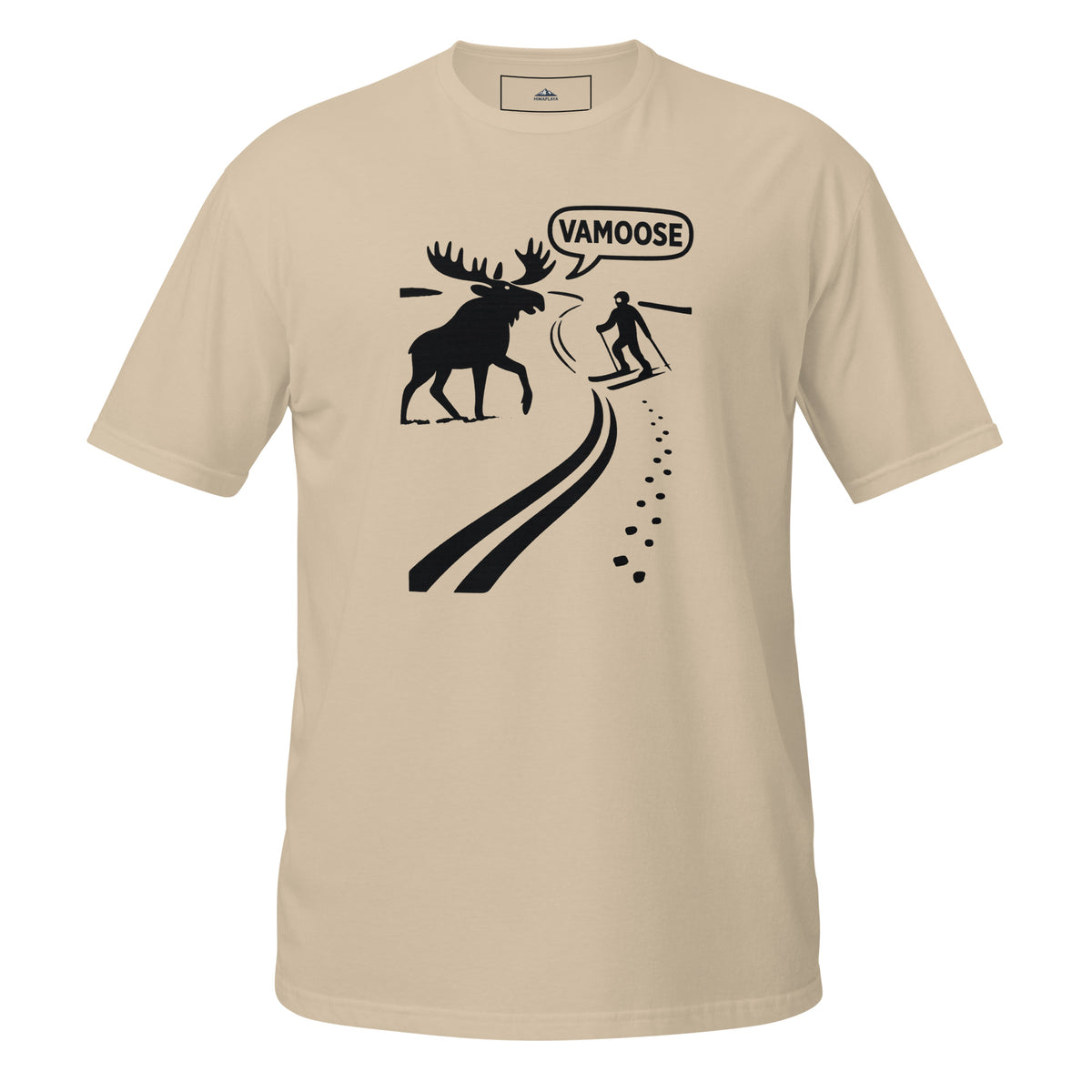 Beige (Sand) t-shirt with black graphic of a moose and skier, and 'VAMOOSE' text on a white background.